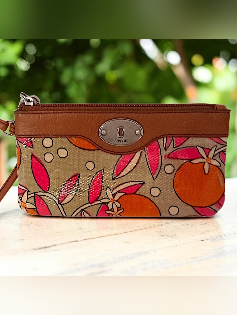 Fossil Key Per Wristlet Orange Blossom Floral Coated Cotton Zip Clutch Wallet